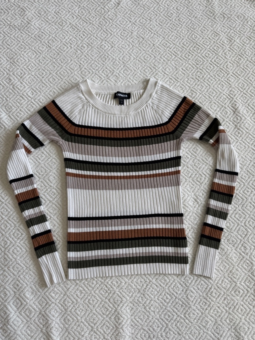 Express Ribbed Crewneck Sweater in White with Brown, Olive & Black Stripes